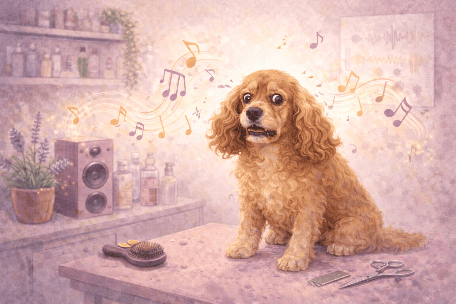 Stressed out cocker spaniel sitting on a grooming table.